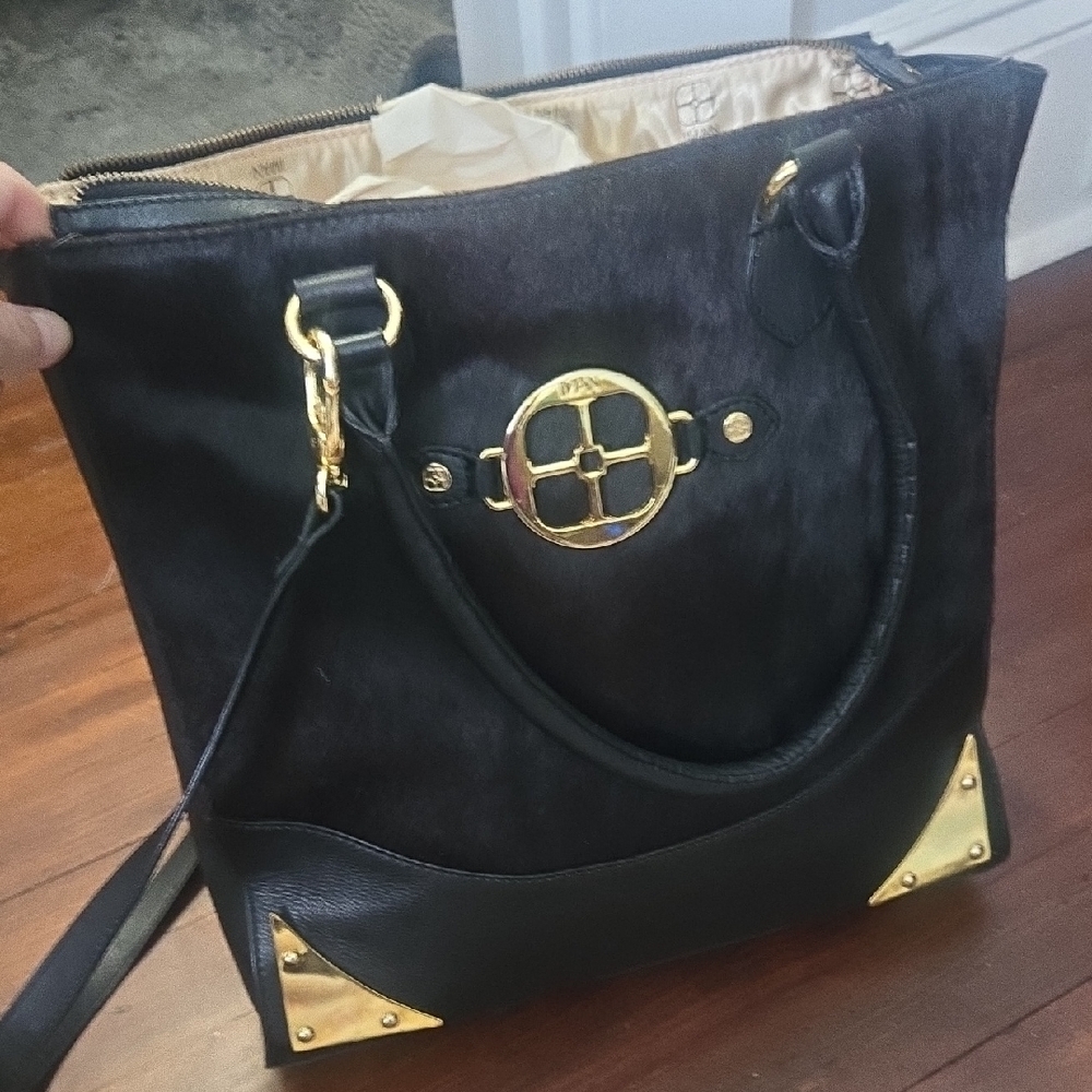 NEW IMAN Gold and Brown Tote with Structured Design Of Hide And Leather